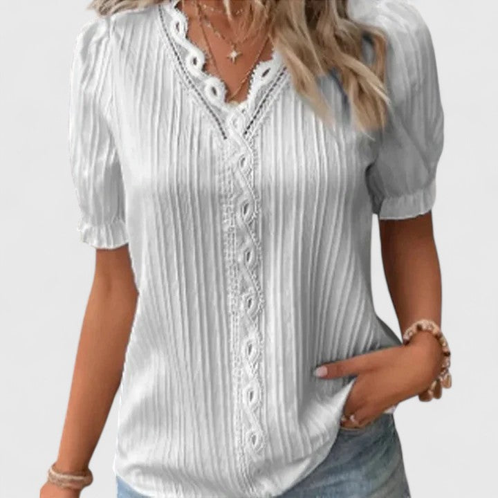 Calantha | Black Elegant V-Neck Blouse with Puff Sleeves