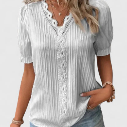 Calantha | Black Elegant V-Neck Blouse with Puff Sleeves