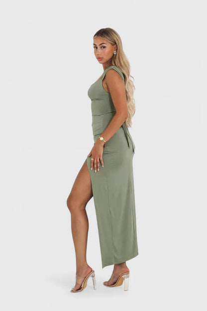 Calantha | Olive Elegant Maxi Dress with Slit