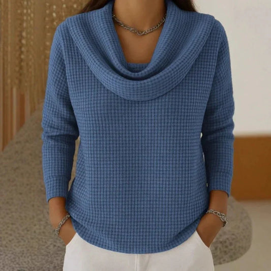 Alethea | Alethea – Blue Warm Waffle Knit Sweater With Elegant Cowl Neck