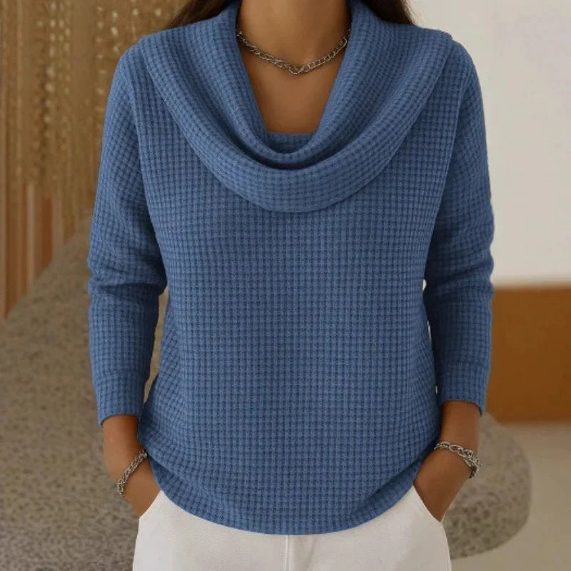 Astrid | Astrid - Warm Blue Waffle Knit Sweater With Elegant Cowl Neck
