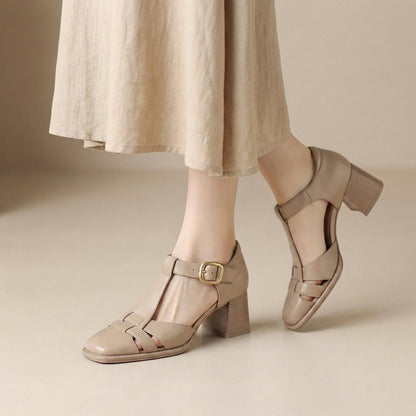 Women’s Orthopedic Chunky Heel T-Strap Sandals in Beige