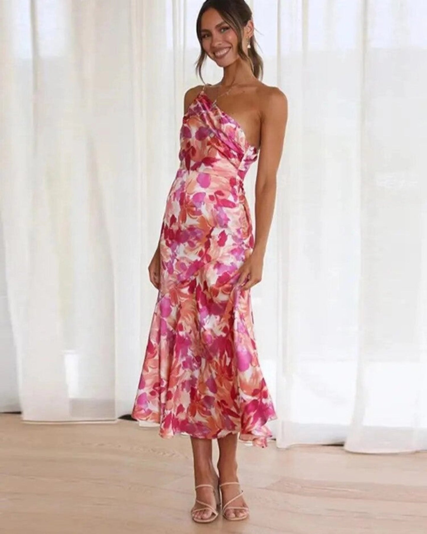 Alethea | Elegant Women's Summer Maxi Dress with Asymmetrical Cut & Vibrant Floral Pattern