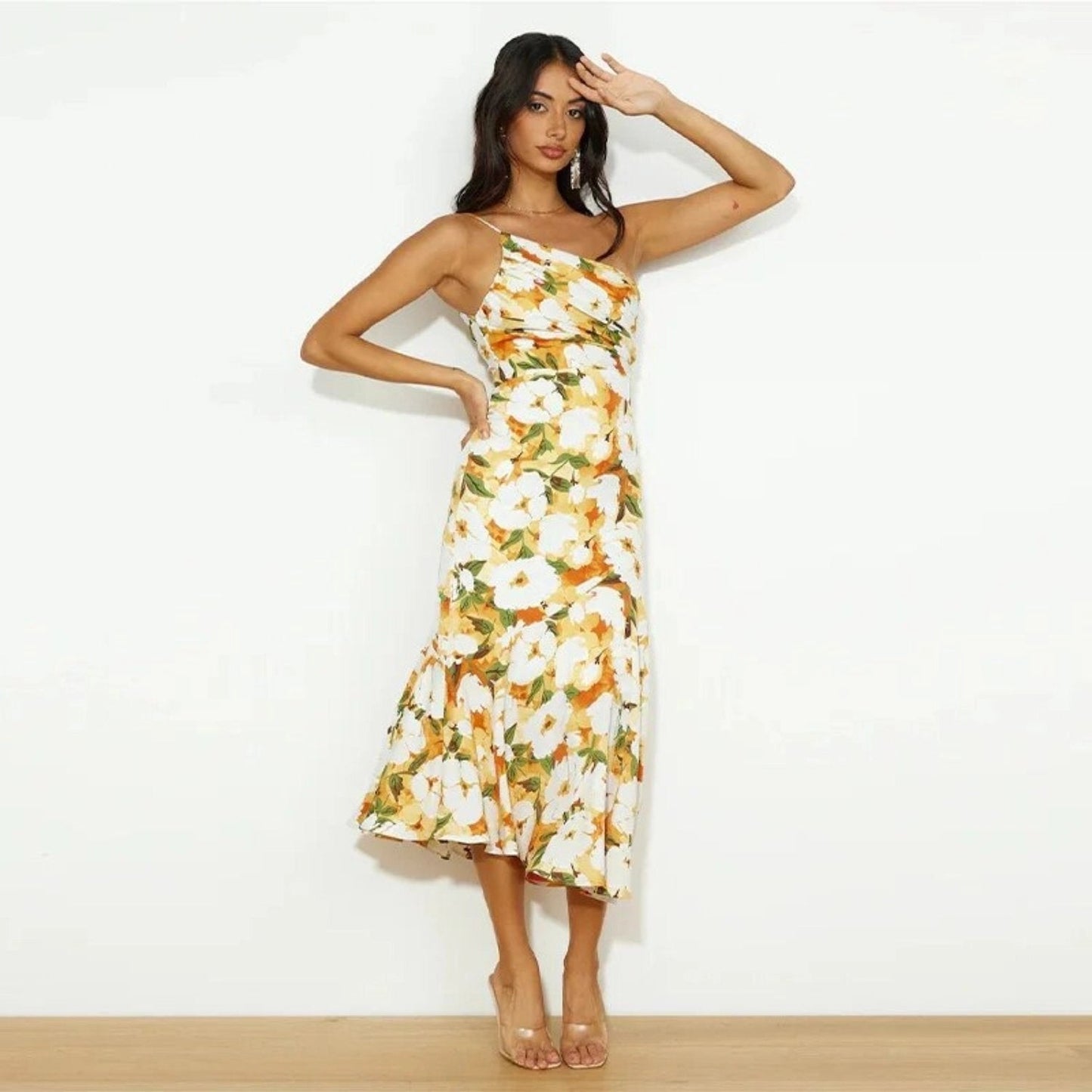 Alethea | Elegant Women's Summer Maxi Dress with Asymmetrical Cut & Vibrant Floral Pattern