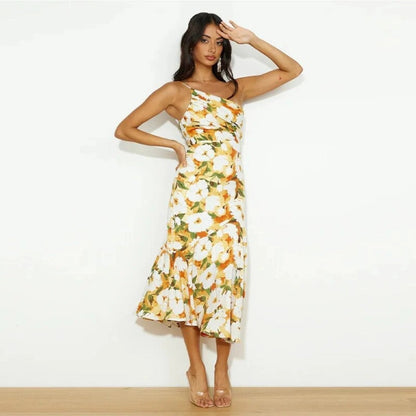 Alethea | Elegant Women's Summer Maxi Dress with Asymmetrical Cut & Vibrant Floral Pattern
