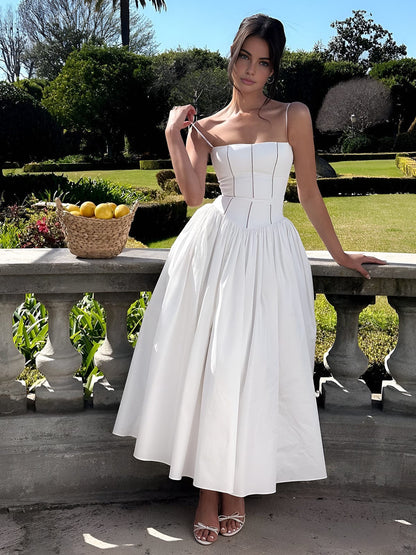 Calista | Women’s Wedding Guest Elegant Corset Midi Dress in White Satin