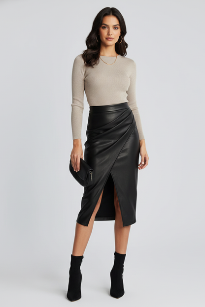 Alethea | Women’s Pleated Midi Skirt with Front Split in Caramel Leather