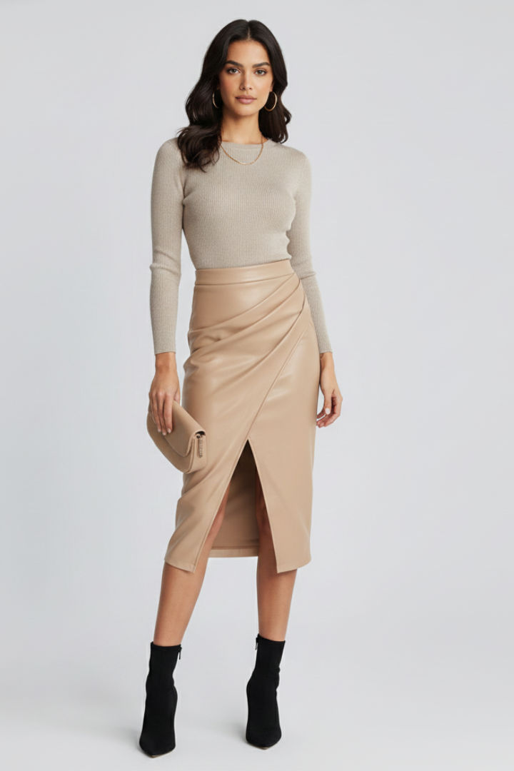 Alethea | Women’s Pleated Midi Skirt with Front Split in Caramel Leather