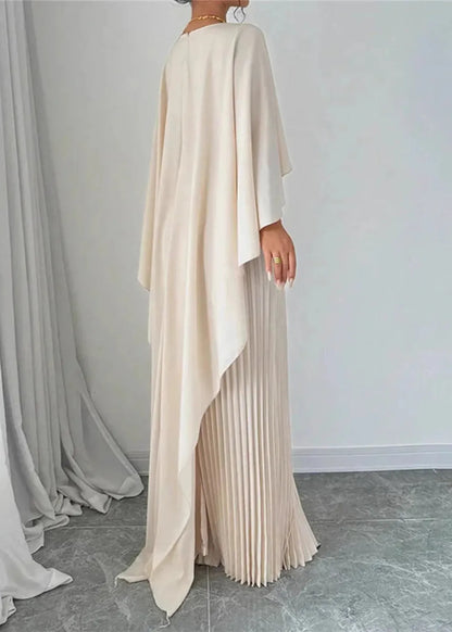 Calista | Women’s Wedding Guest Luxe Pleated Cape Maxi Dress in Ivory