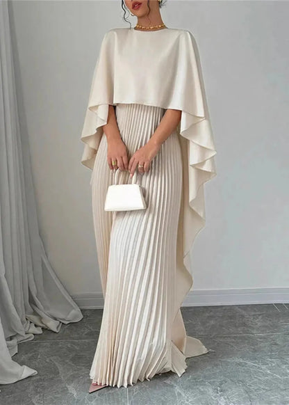 Calista | Women’s Wedding Guest Luxe Pleated Cape Maxi Dress in Ivory