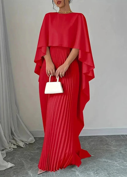 Calista | Women’s Wedding Guest Luxe Pleated Cape Maxi Dress in Ivory
