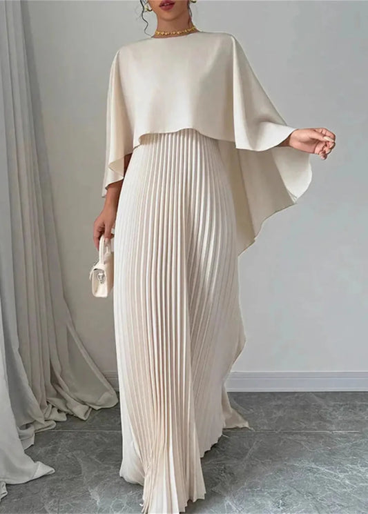Calista | Women’s Wedding Guest Luxe Pleated Cape Maxi Dress in Ivory