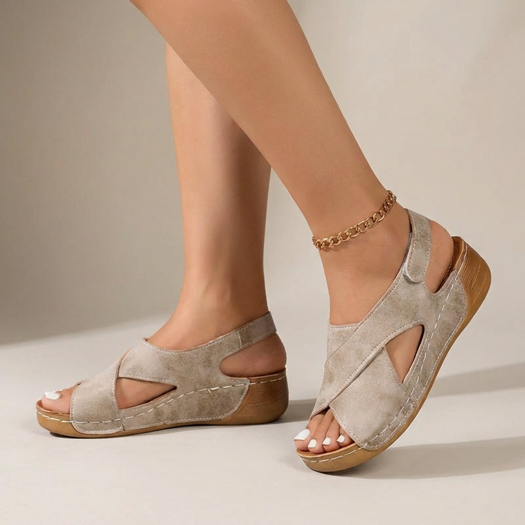 Calista | Women's Suede Criss-Cross Strap Wedge Sandals in Beige