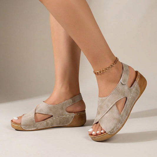 Calista | Women's Suede Criss-Cross Strap Wedge Sandals in Beige
