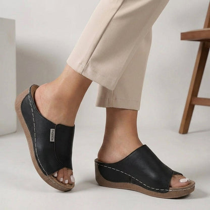 Black Leather Women's Orthopedic Slip-On Wedge Comfort Slippers