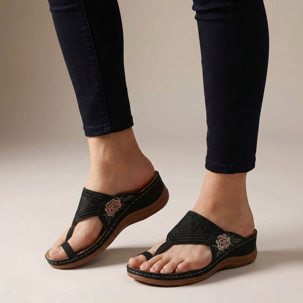 Adeline | Women's Orthopedic Floral Embroidered Brown Wedge Sandals