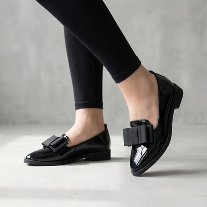 Aurelia | Women’s Orthopedic Pointed Toe Bow Detail Loafers - Burgundy Patent Leather