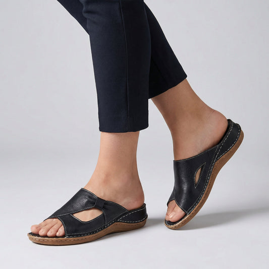 Astrid | Women’s Orthopedic Open-Toe Comfort Slide Sandals in Black Leather