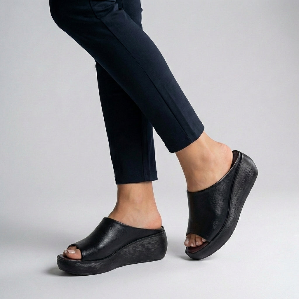 Alvina | Women's Orthopedic Platform Slide Sandals with Open Toe - Black Leather