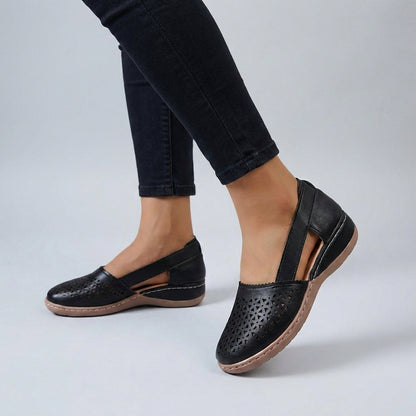 Alethea | Black Leather Women's Orthopedic Scalloped Cut-Out Comfort Sandals