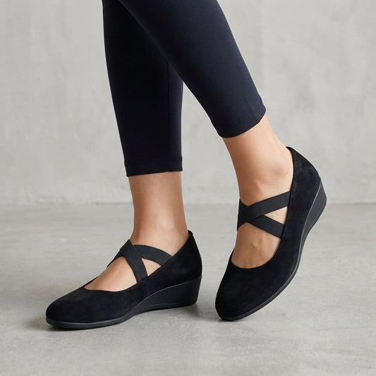 Alethea | Women’s Orthopedic Criss-Cross Strap Wedge Flats in Black Suede