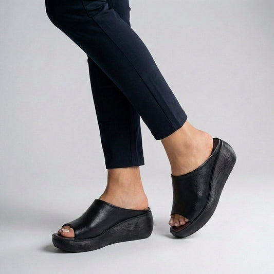 Astrid | Women’s Orthopedic Platform Slide Sandals with Open Toe - Black Leather