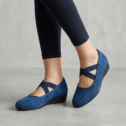Alethea | Women’s Orthopedic Criss-Cross Strap Wedge Flats in Black Suede
