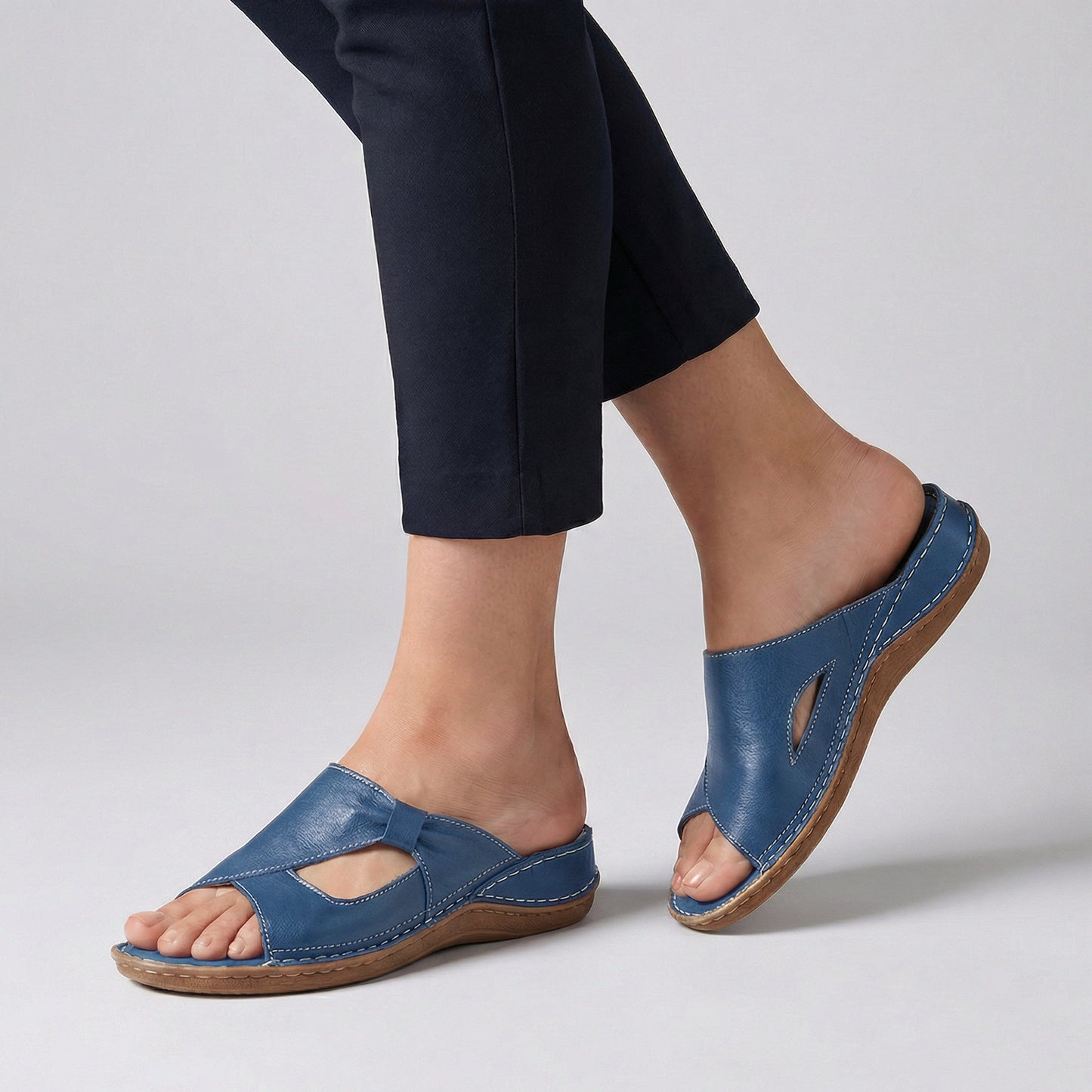 Astrid | Black Leather Women's Orthopedic Open-Toe Comfort Slide Sandals