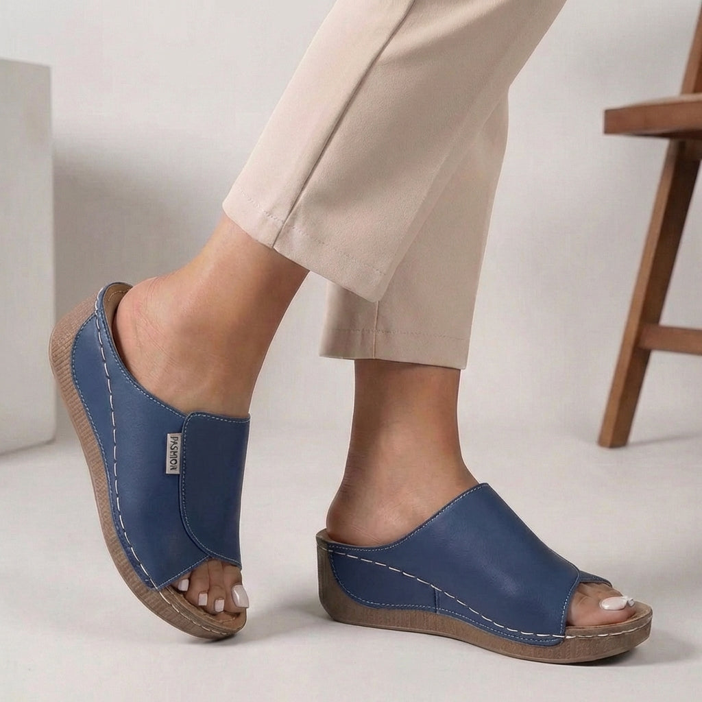 Black Leather Women's Orthopedic Slip-On Wedge Comfort Slippers