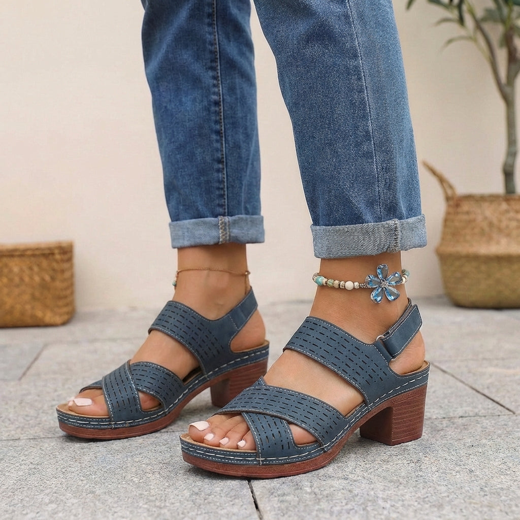 Astrid | Women’s Orthopedic Platform Heel Comfort Sandals - Blue Perforated Strap