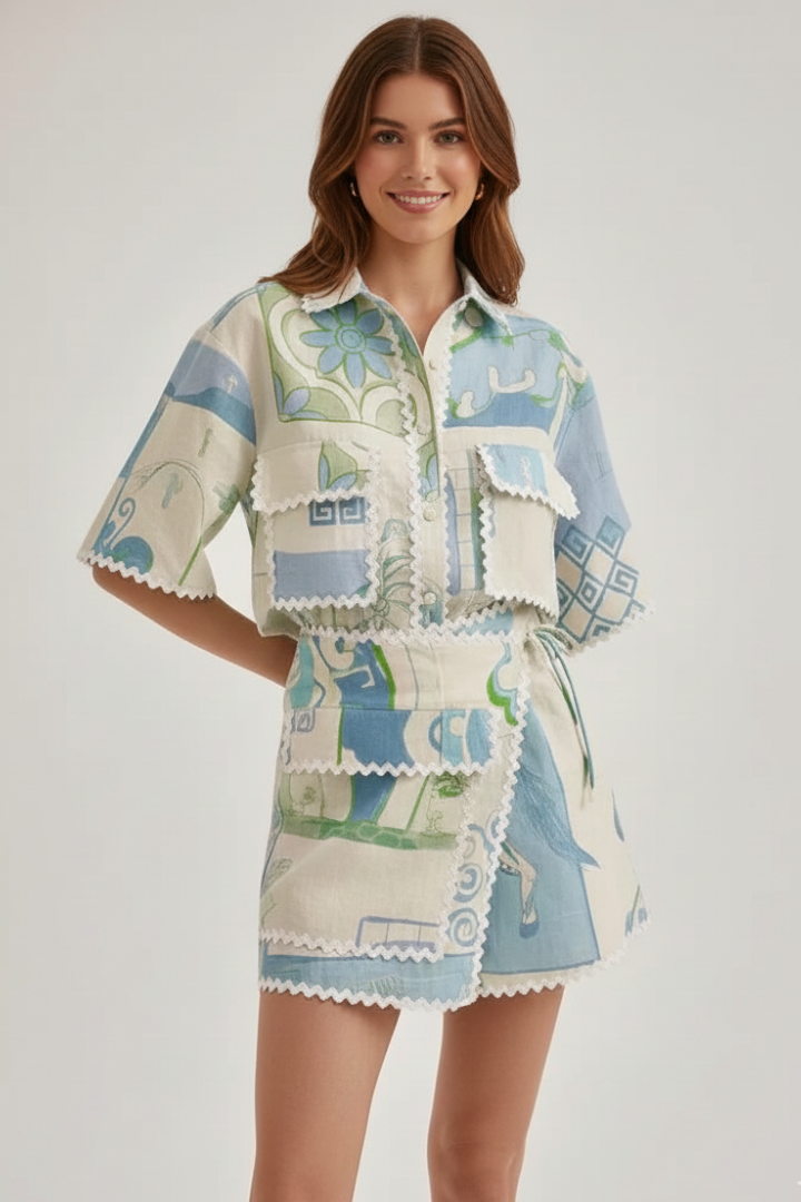 Willow | Women’s Patchwork Two Piece Set Shorts in Soft Blue Green Linen