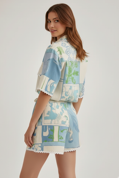 Willow | Women’s Patchwork Two Piece Set Shorts in Soft Blue Green Linen