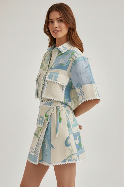 Willow | Women’s Patchwork Two Piece Set Shorts in Soft Blue Green Linen