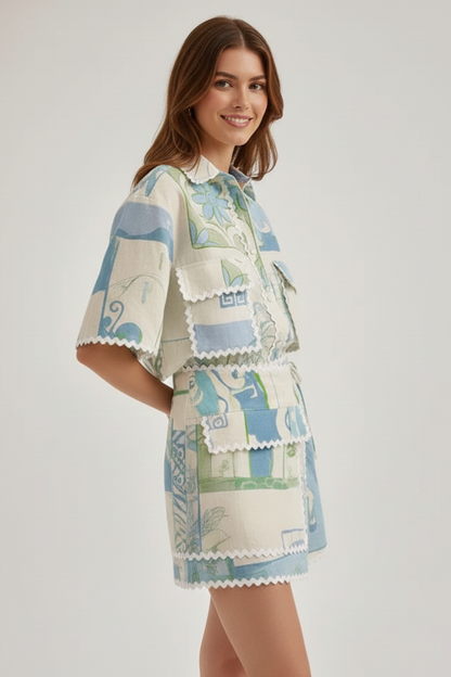 Willow | Women’s Patchwork Two Piece Set Shorts in Soft Blue Green Linen