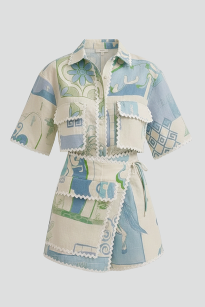 Willow | Women’s Patchwork Two Piece Set Shorts in Soft Blue Green Linen