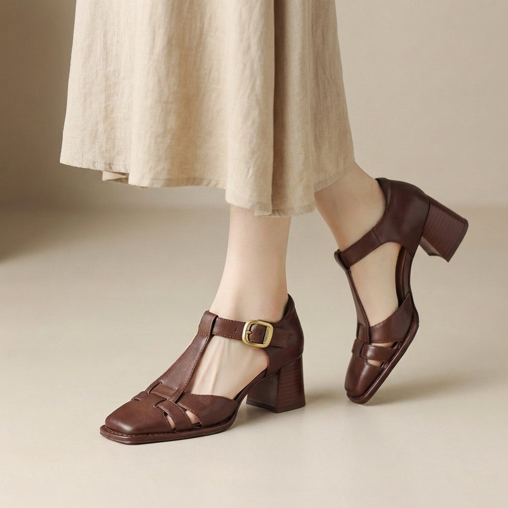 Evelyn | Beige Leather Women's Orthopedic Chunky Heel T-Strap Sandals