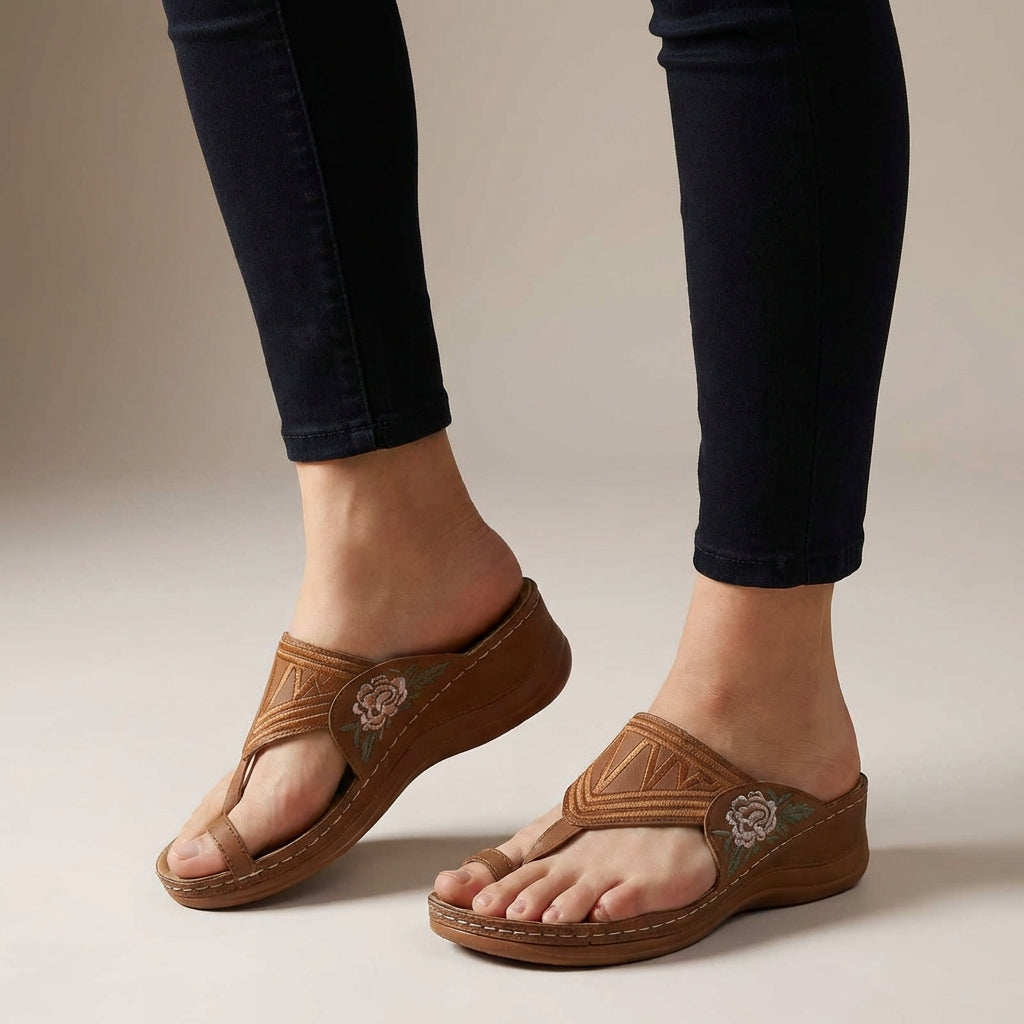 Adriana | Women's Orthopedic Floral Embroidered Brown Wedge Sandals
