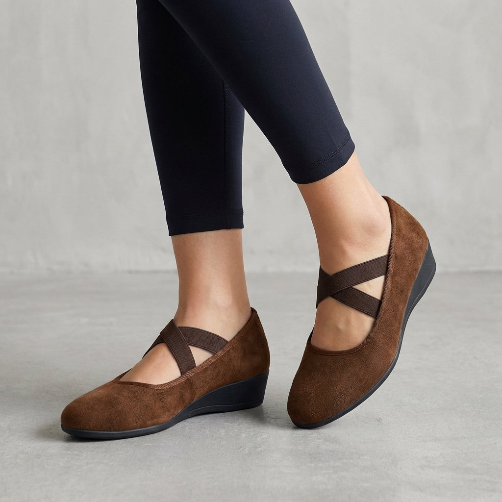 Alethea | Women’s Orthopedic Criss-Cross Strap Wedge Flats in Black Suede