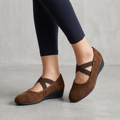 Alethea | Women’s Orthopedic Criss-Cross Strap Wedge Flats in Black Suede