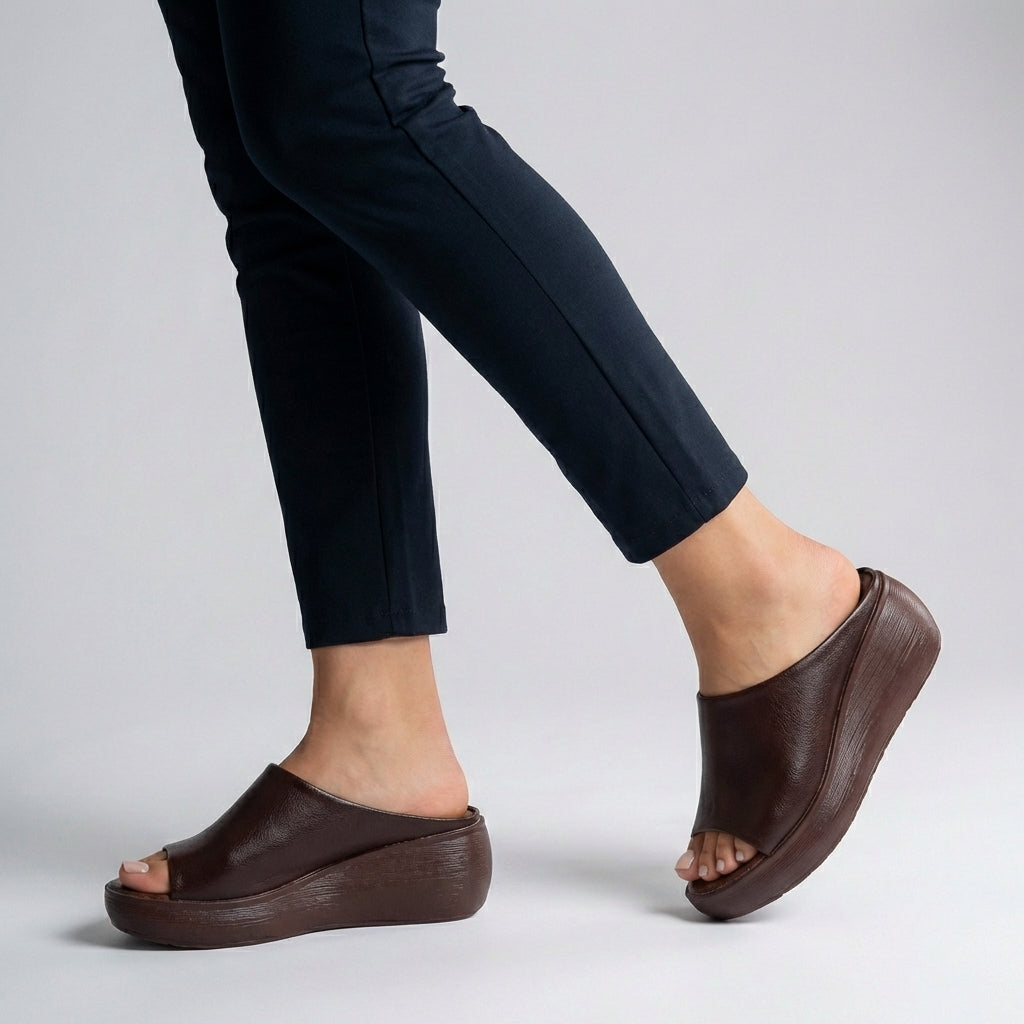 Astrid | Women’s Orthopedic Platform Slide Sandals with Open Toe - Black Leather