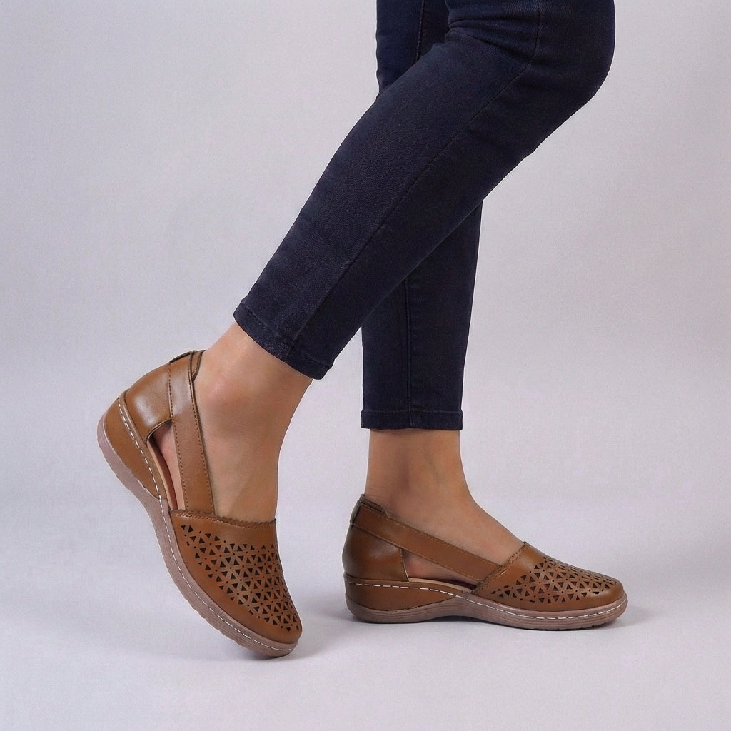 Alethea | Black Leather Women's Orthopedic Scalloped Cut-Out Comfort Sandals