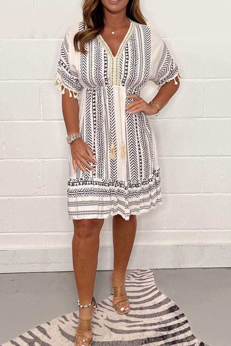 Calista | Women’s Boho Chic White & Blue Printed Tassel Mini Dress