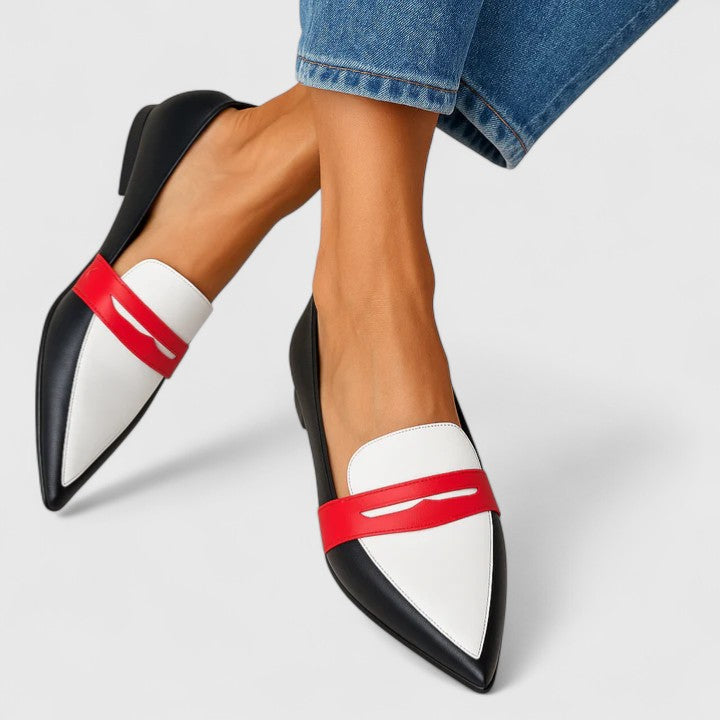 Calanthe | White & Black Modern Chic Loafers with Red Accent
