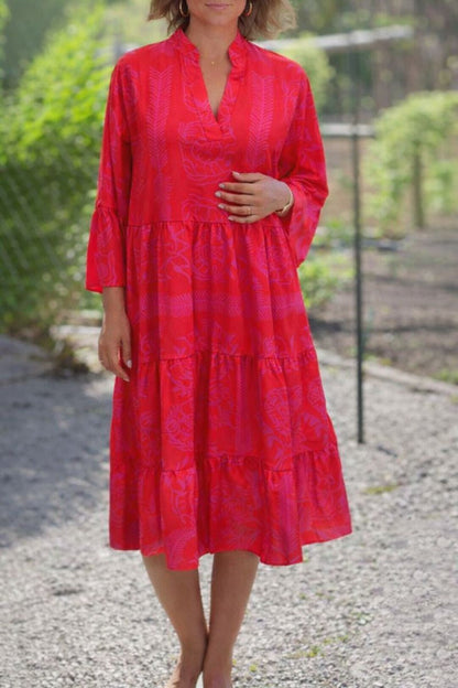 Aurora | Women’s Boho Loose Fit Red Midi Dress with Slit