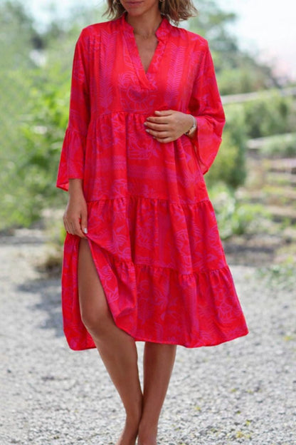 Aurora | Women’s Boho Loose Fit Red Midi Dress with Slit