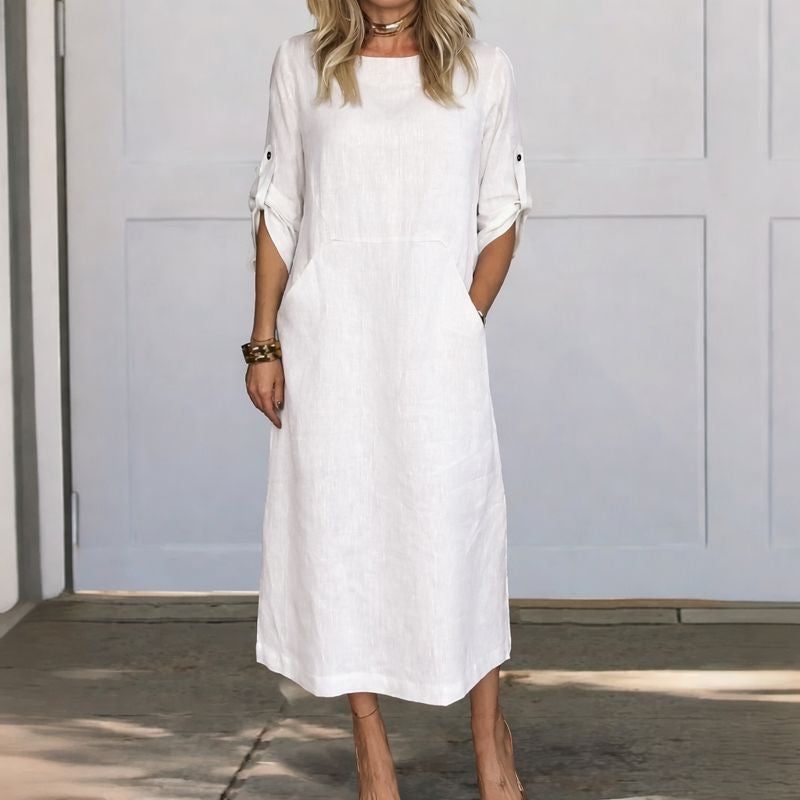Alethea | Women's A-Line Loose Fit Draped White Linen Dress