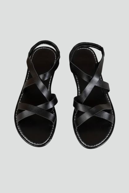 Calista | Women’s Flat Sandals with Criss-Cross Straps - Black Leather