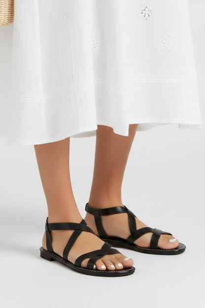 Calista | Women’s Flat Sandals with Criss-Cross Straps - Black Leather