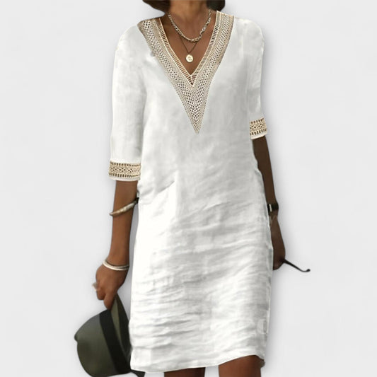Calista | Women’s Summer Boho Short Sleeve White Linen Dress