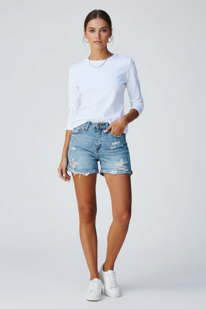 Alethea | Women's Casual Shorts Distressed Fringe Hem in Light Blue Denim